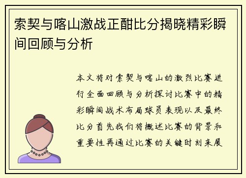 索契与喀山激战正酣比分揭晓精彩瞬间回顾与分析