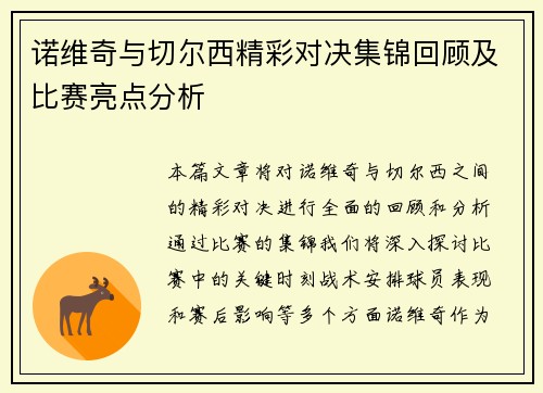 诺维奇与切尔西精彩对决集锦回顾及比赛亮点分析